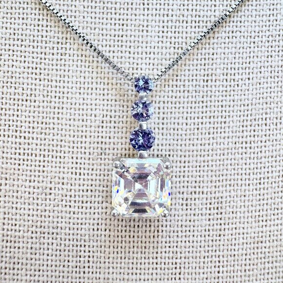 VTG Sterling Silver 925 Blue & White CZ Pendant Necklace Size 18" Adjustable - Picture 1 of 15